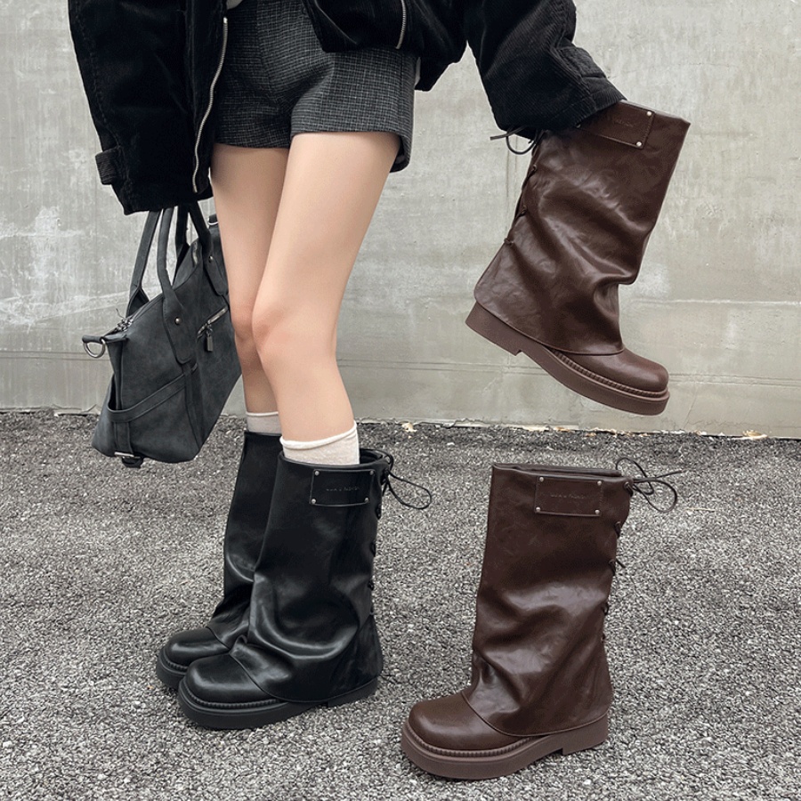 Women's Niche Retro Square-toe Boot-cut Pants With Laces