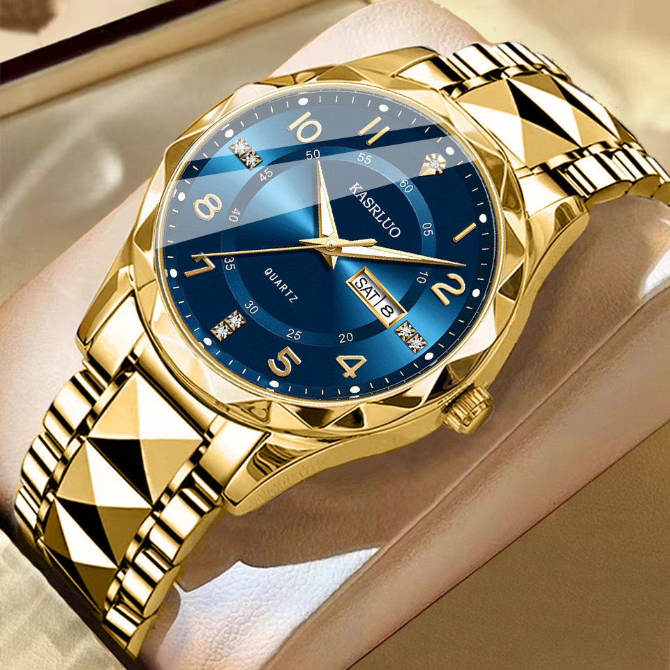 Men's Dual Calendar Fashion Waterproof Luminous Quartz Watch Golden Blue