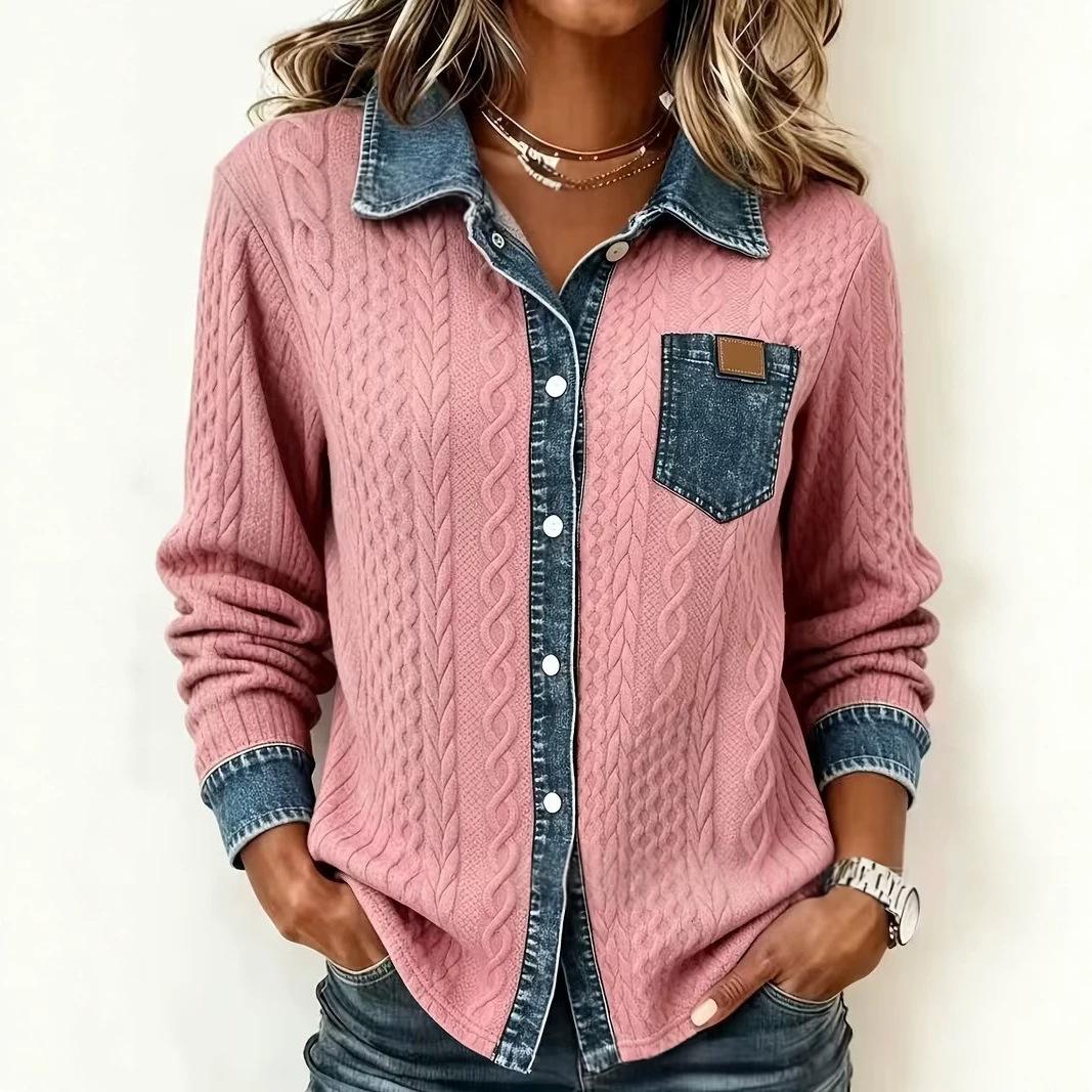 Womens Fashion Cable-Knit Plaid Printed Long-Sleeve Shirt