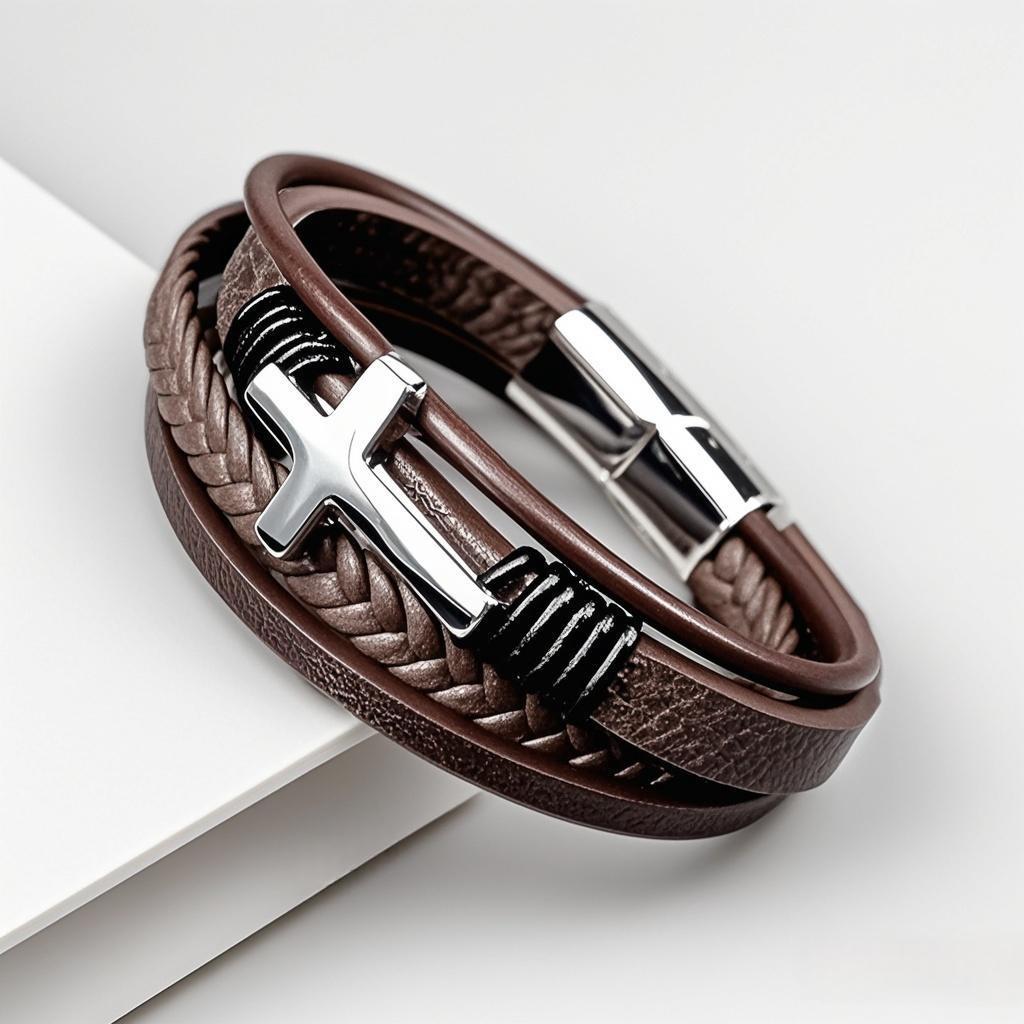 Multi-layer Braided Stainless Steel And Leather Mens Bracelet With A Cross Design