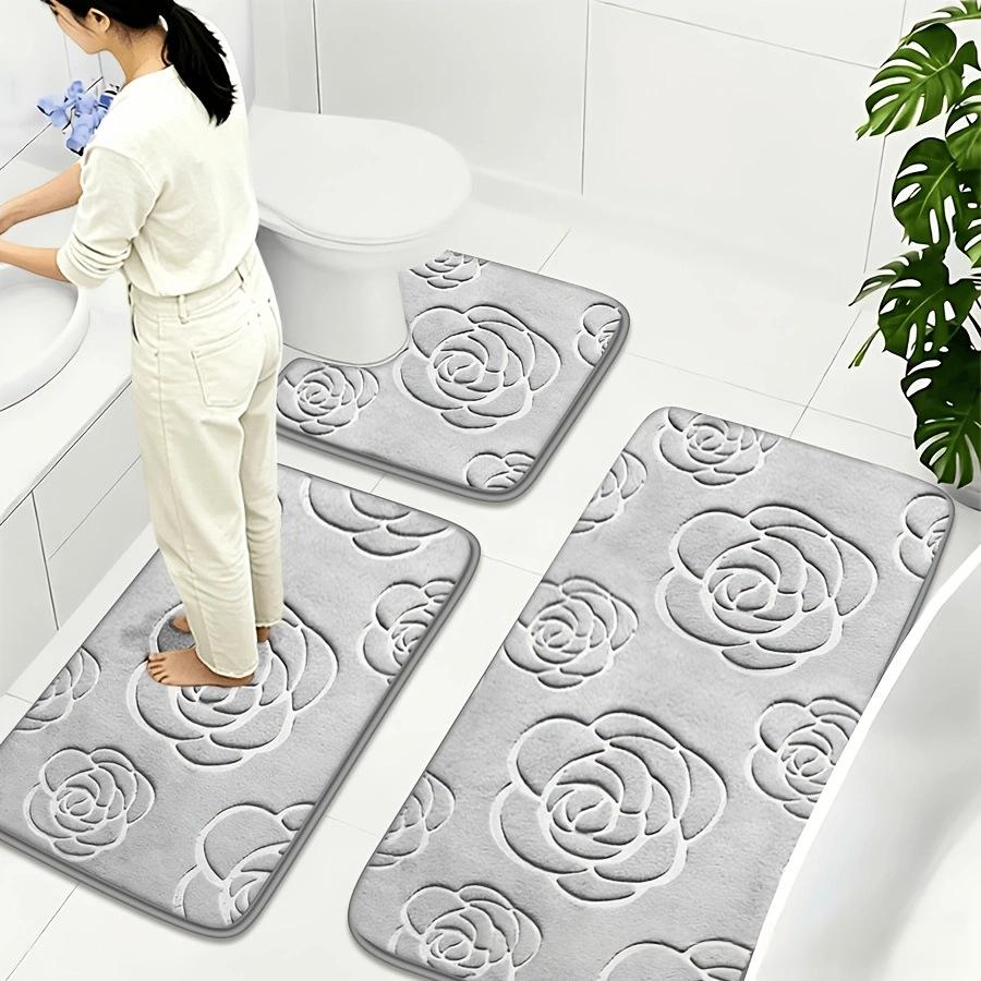 Rose-patterned Non-slip Coral Fleece Bathroom Bath Mat