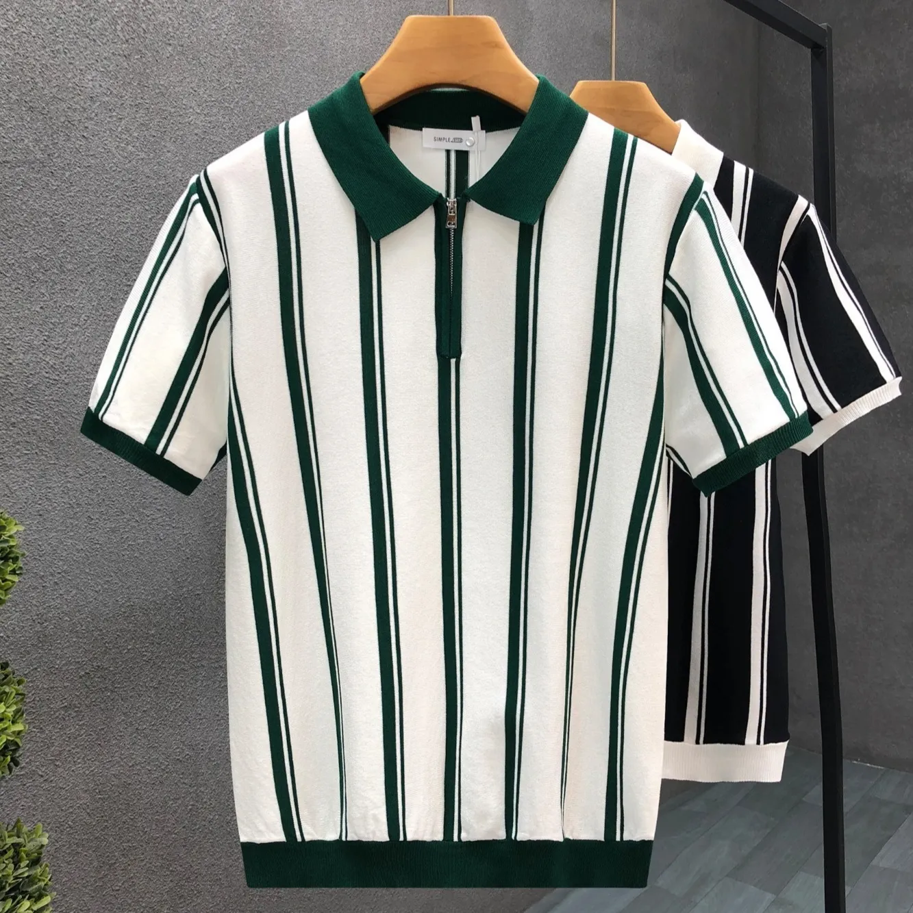 Mens Half-Zip Short-Sleeve Striped Polo Shirt
