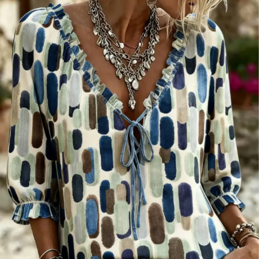 Womens Floral Print Flowing-ribbon Loose V-neck Shirt