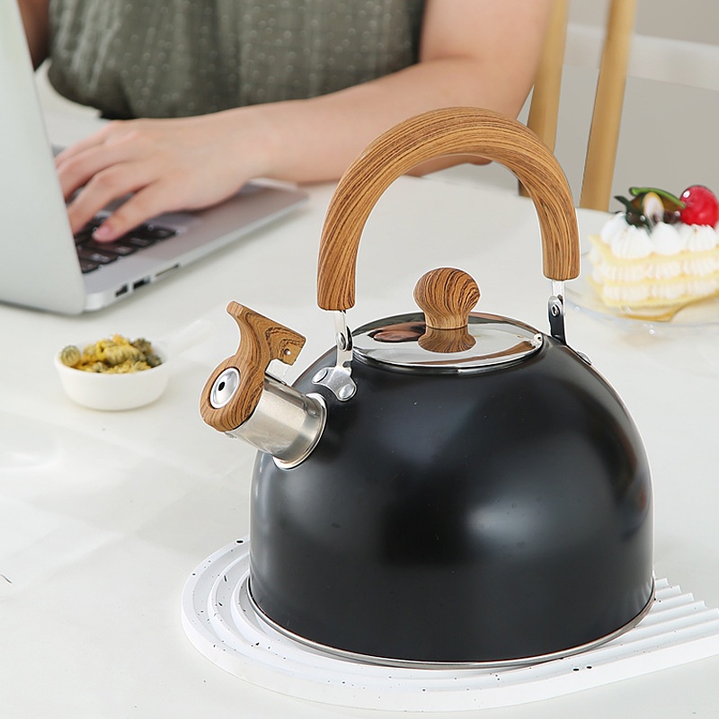Non-magnetic Stainless Steel Whistling Kettle With A Wood-grain Handle