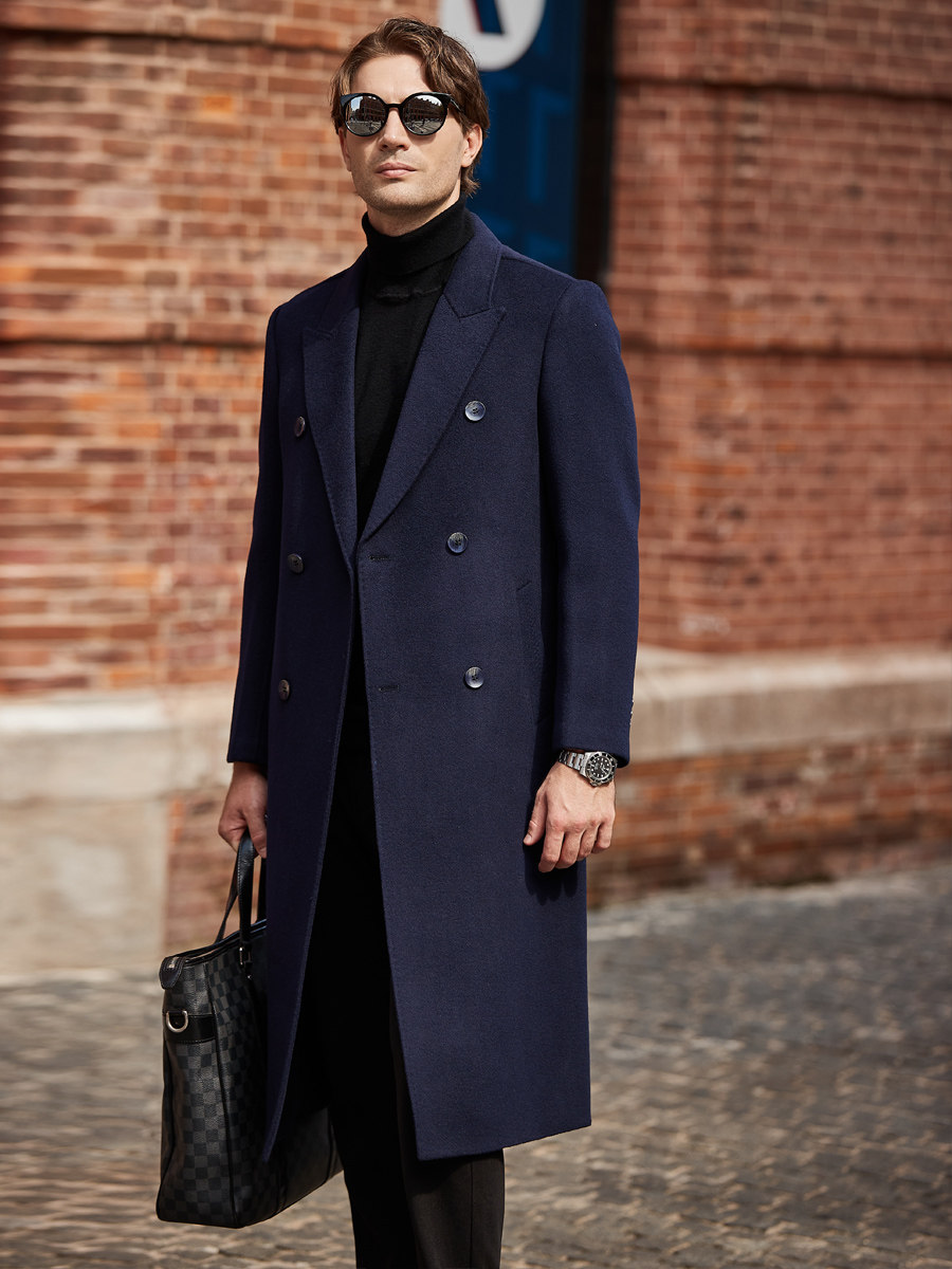 Mens Pure Wool Double-breasted Wool Overcoat (Black-M)