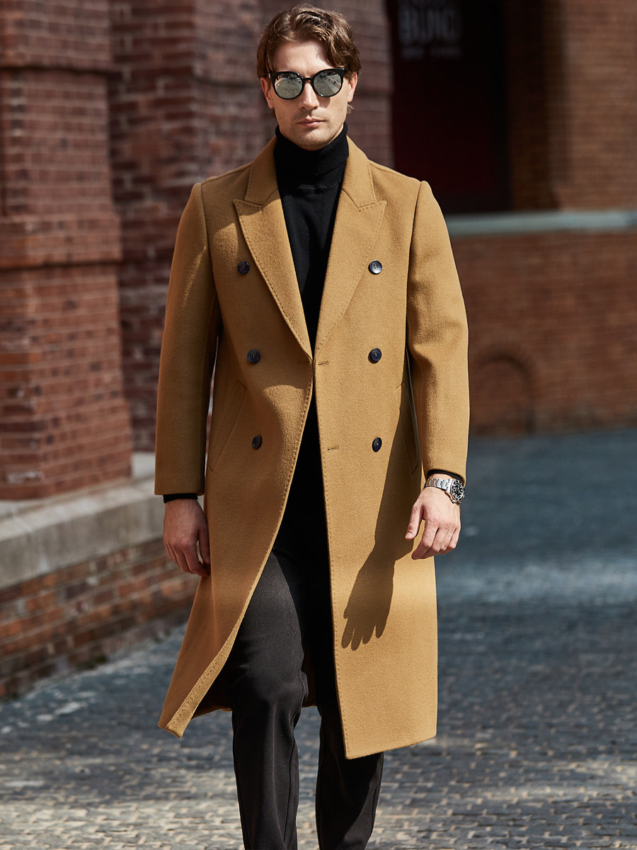 Mens Pure Wool Double-breasted Wool Overcoat (Black-M)