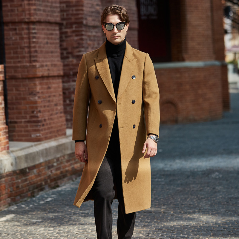 Mens Pure Wool Double-breasted Wool Overcoat (Black-M)