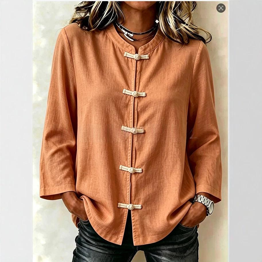 Womens Solid-color Long-sleeve Top With Buttons