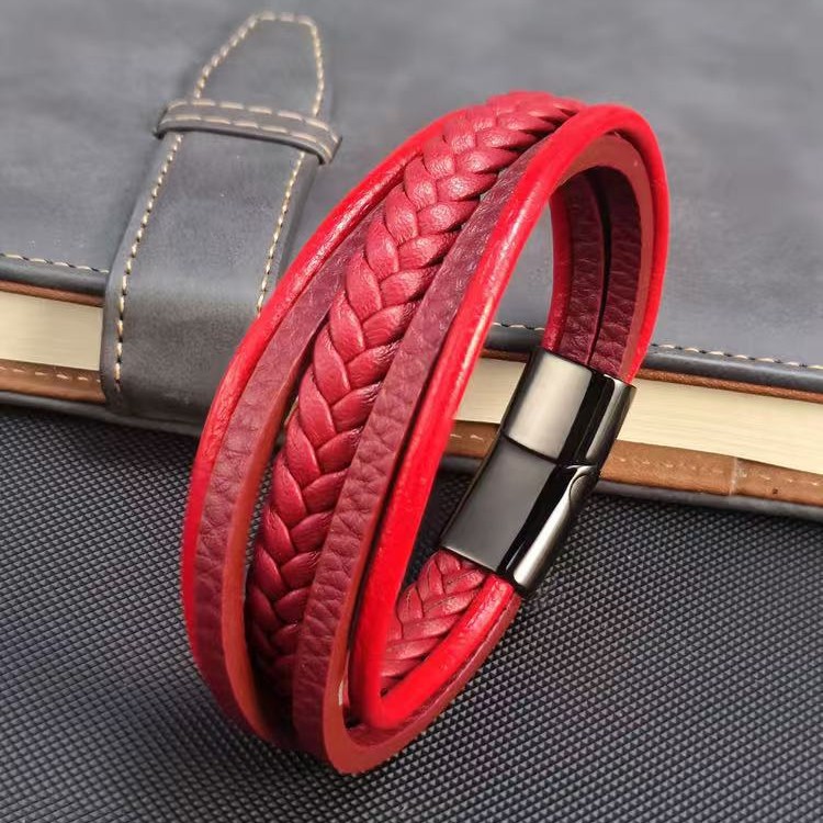 Vintage Leather Cord Stainless Steel Mens Bracelet