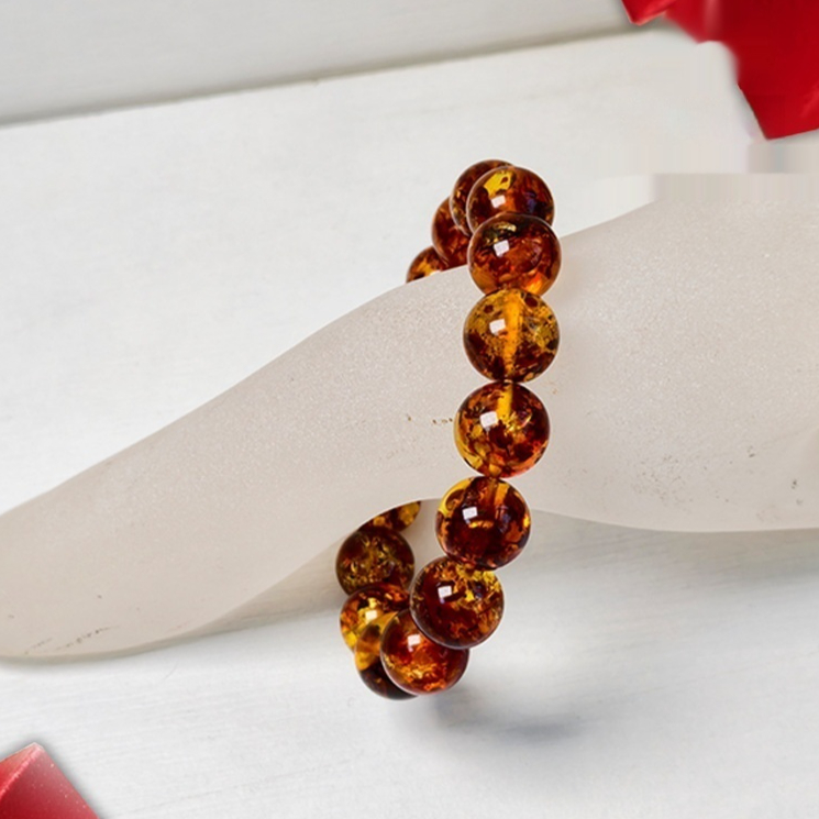 Polished Amber Flower-Pearl Round Bead Bracelet