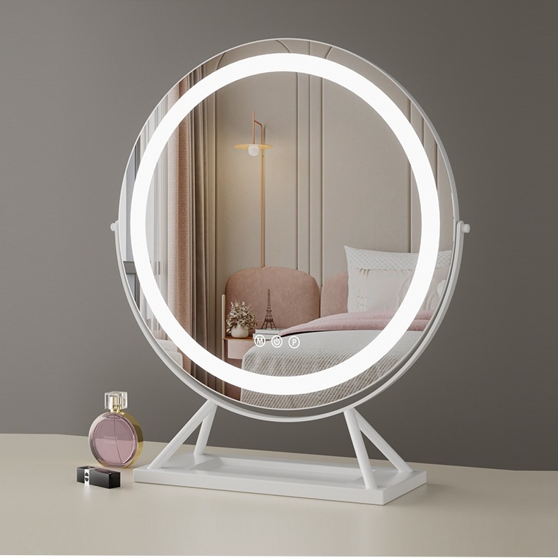Round Makeup Mirror With Illuminated Base And Storage