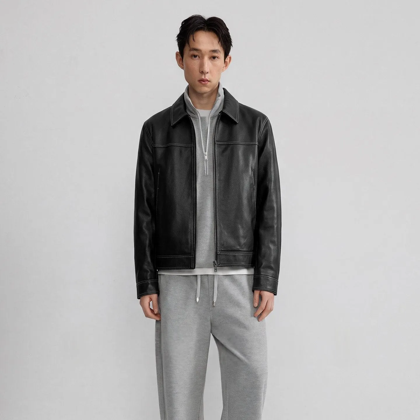 Men's Color-Block Topstitch First-Layer Cowhide Matte Lapel