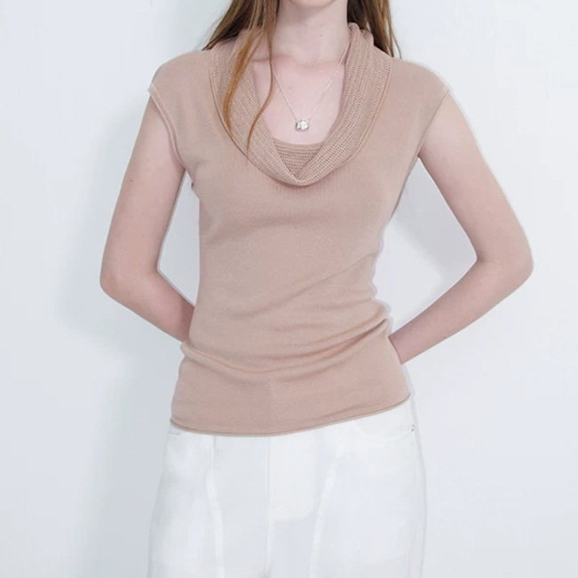Turtleneck Ruffled Knit Womens Sleeveless Summer Top