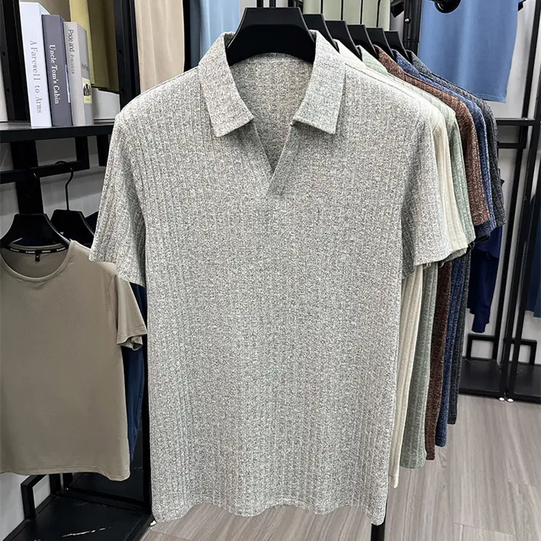 Mens New Short-sleeve T-shirt Solid-color Casual Polo