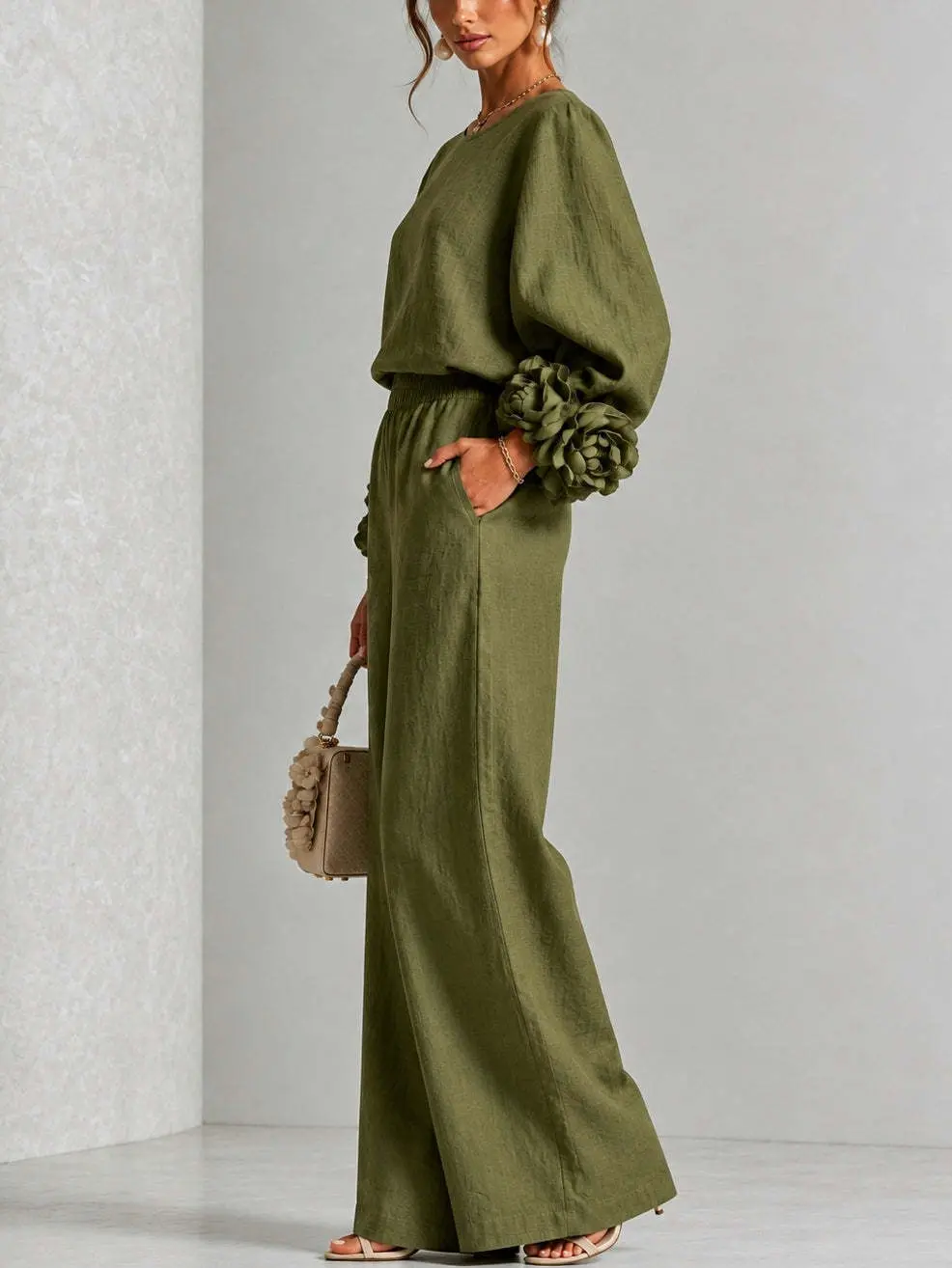 Floral-cuffed Top And Wide-leg Pants Set