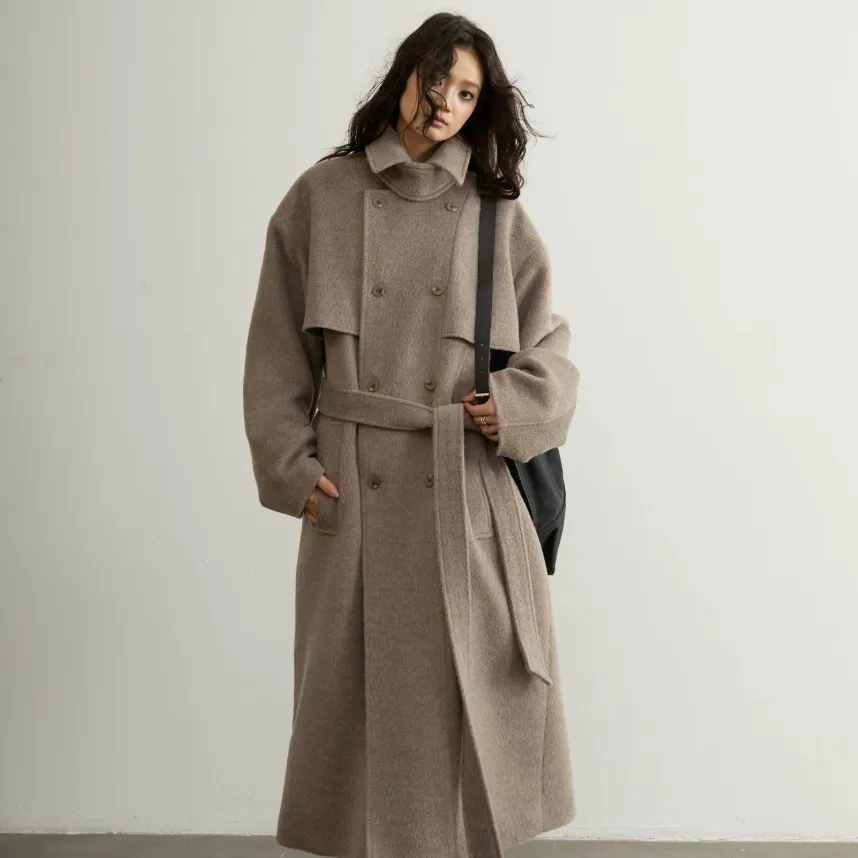Retro-chic Soft Oat-beige Belted Wool Coat