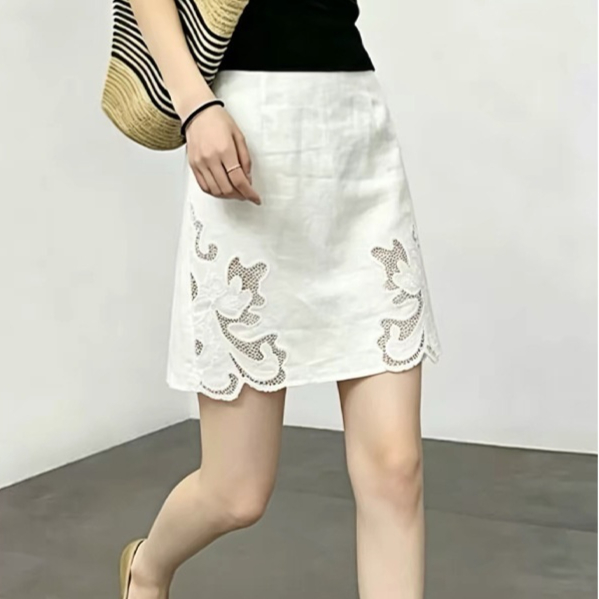 White Chic Hollow-out Linen Skirt