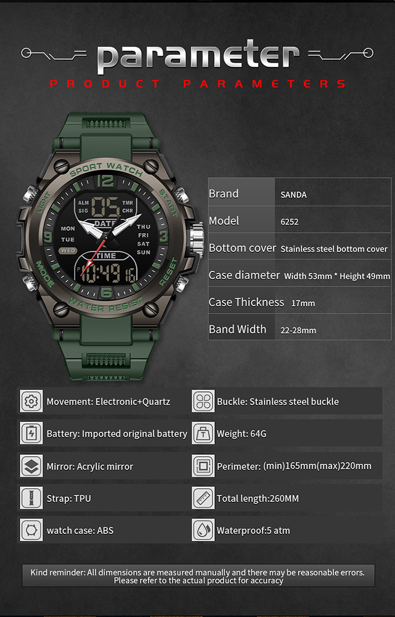 Multifunctional Waterproof Dual-Display Sports Watch - Size Guide