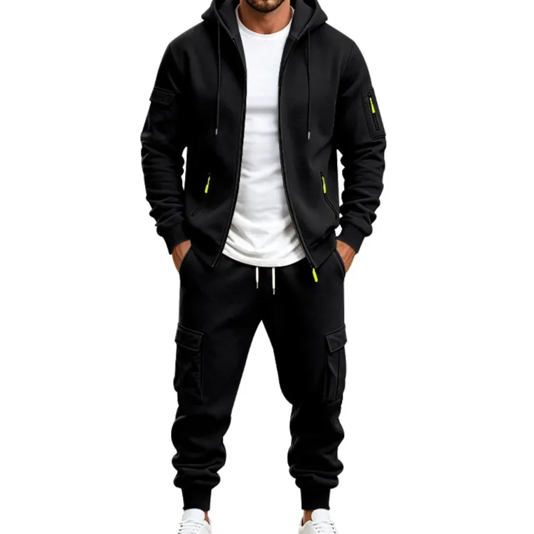 Mens Fleece-lined Loose-fit Casual Hoodie And Pants