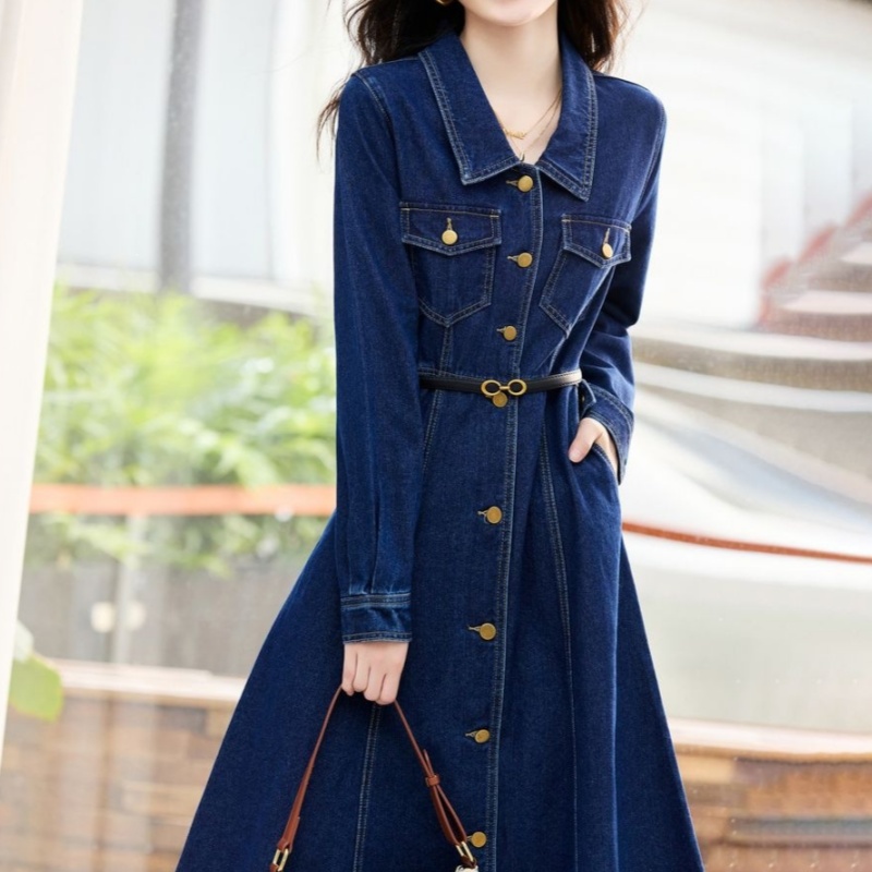 Vintage Lapel-Neck Denim Dress For Women