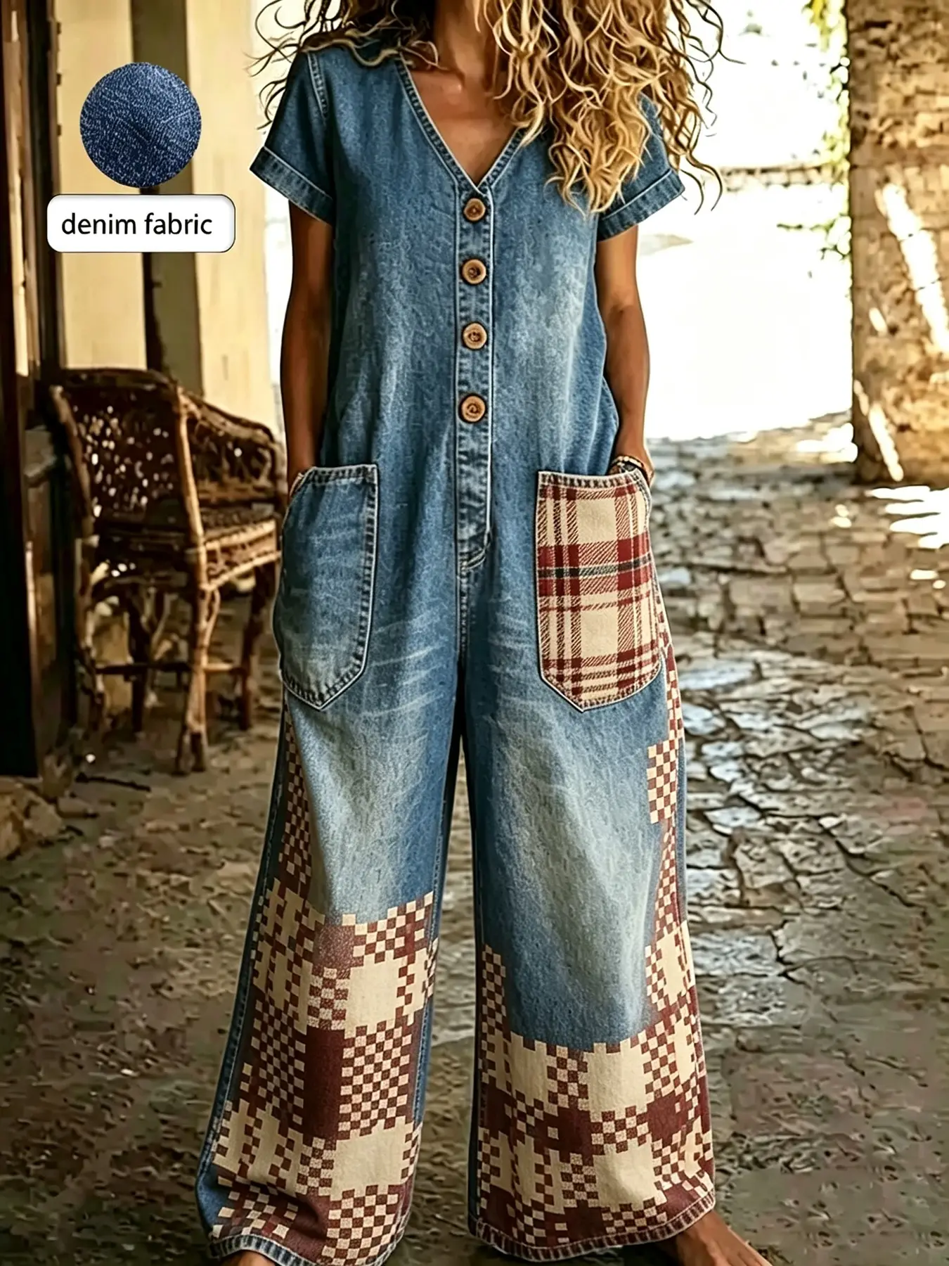 Buttoned Pockets Comfortable Short Sleeves Casual One-piece Wide-leg Jumpsuit