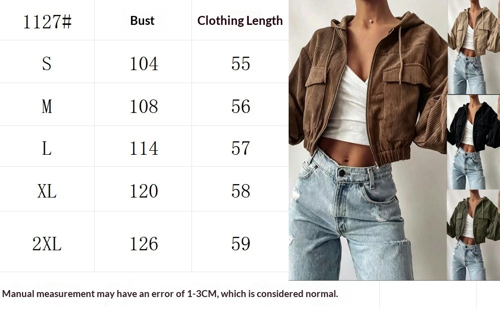 Size chart for Women's Corduroy Hooded Drawstring Jacket