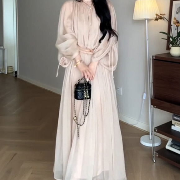 Womens Elegant Champagne-Color Dress Set