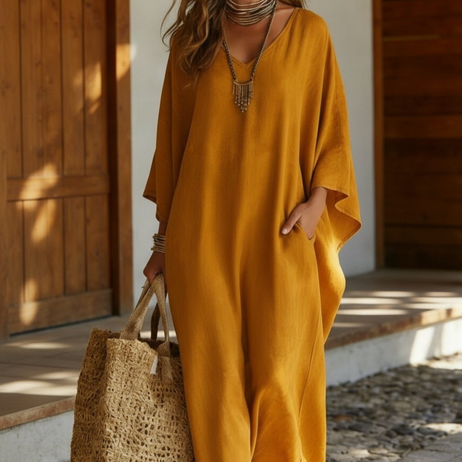 Nine-quarter-sleeve V-neck Long Relaxed-fit Casual Dress