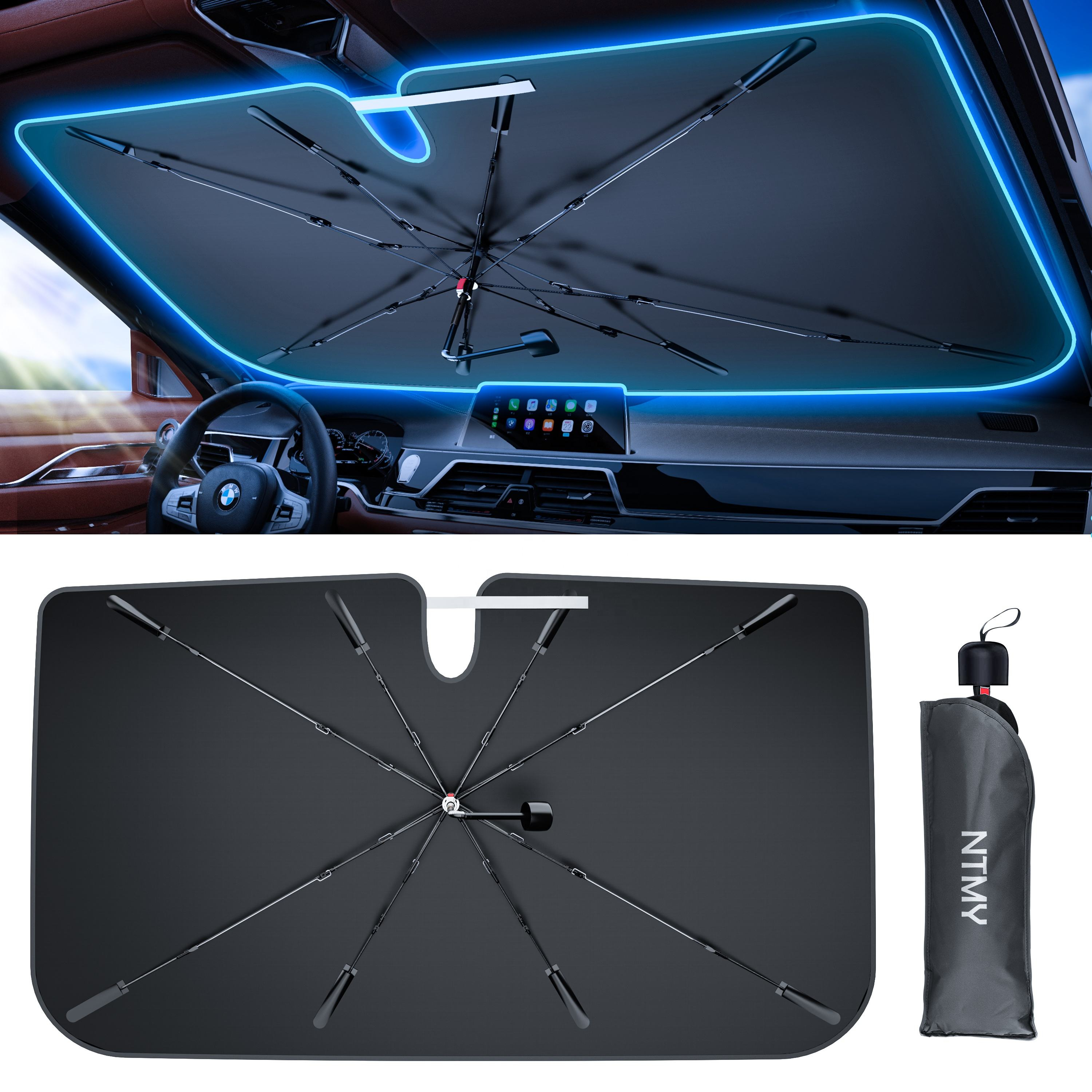 Foldable Car Windshield Sunshade With Light-Blocking Fiberglass Cover
