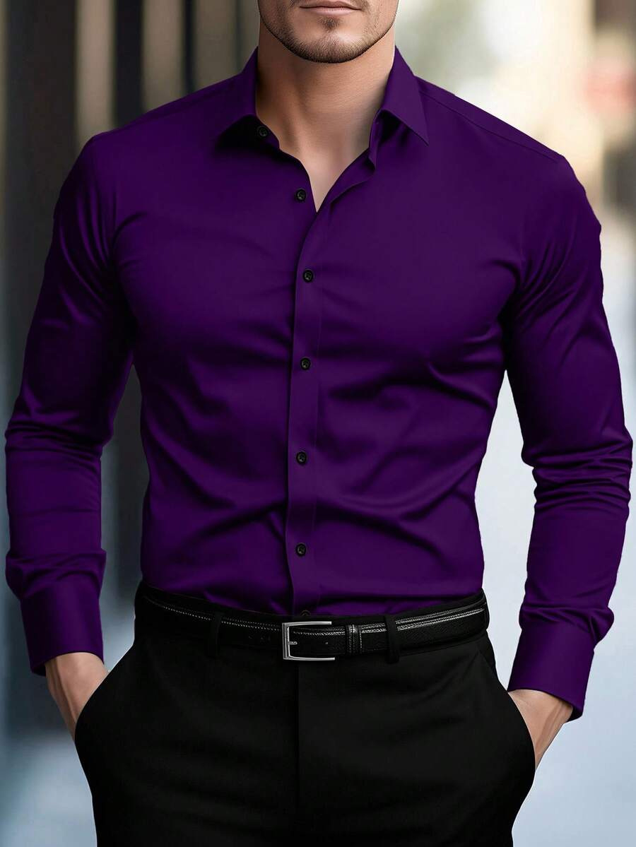 Men's Shirt Business Button Down Shirt Summer Solid Color Long Sleeve Lapel Vacation Shirt Fashion Temperament Casual Tops variant 14