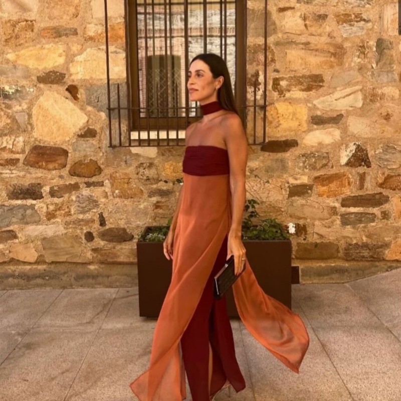 Chic Satin Contrast-color Patchwork Long Tube Dress