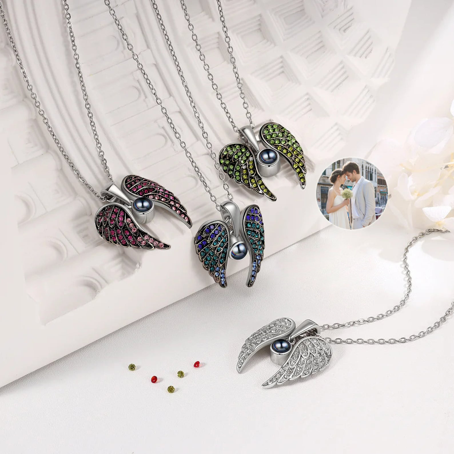 Love Angel Wings Necklace Colorful Zircon DIY Photo Projection