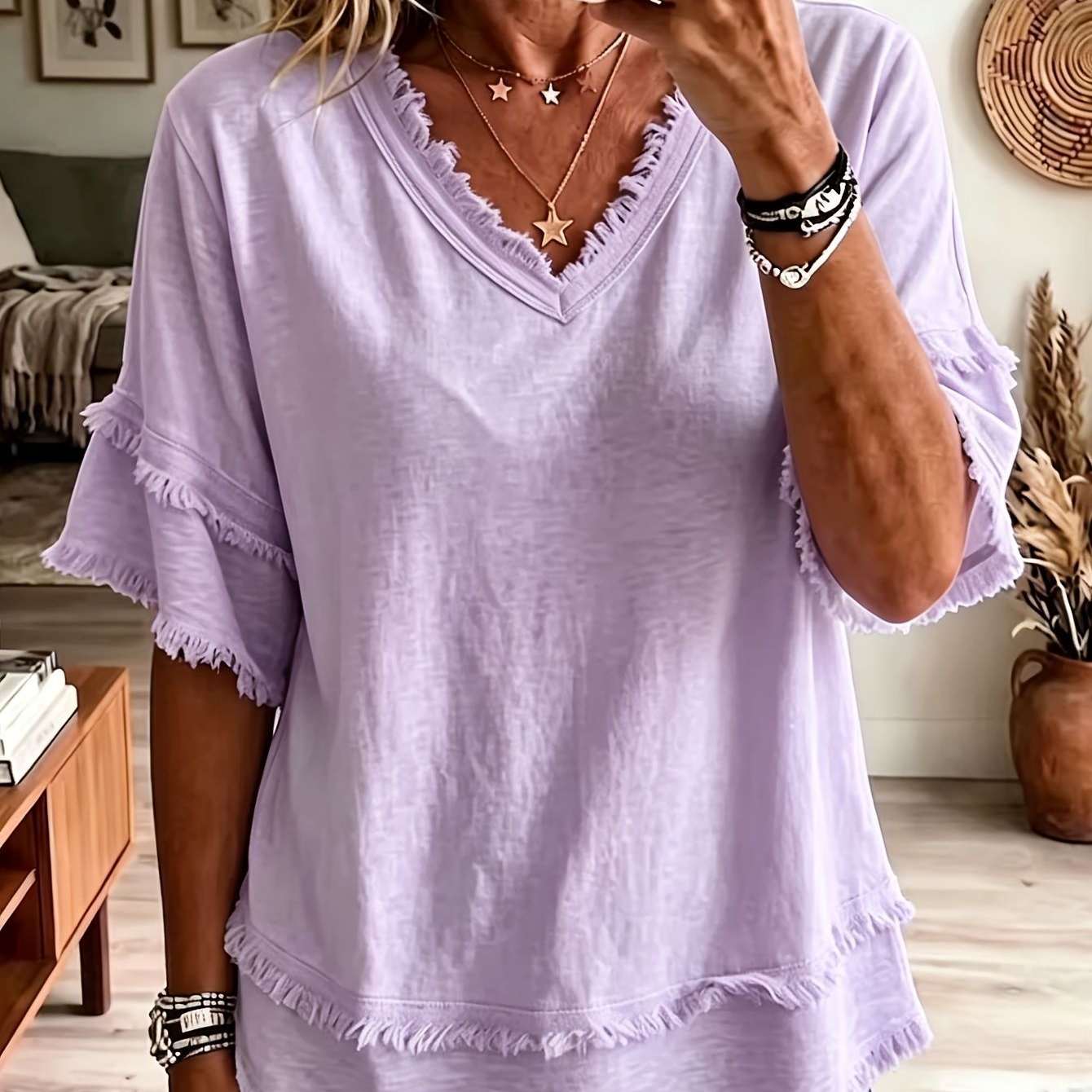 Casual Women's Shirt V-Neck Short Sleeve Loose Fit Pure Color Summer Fashion Trend Pullover Tops For Daily Wear