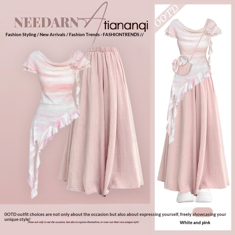 Summer New Irregular Short-sleeve Top And Skirt Two-piece Set