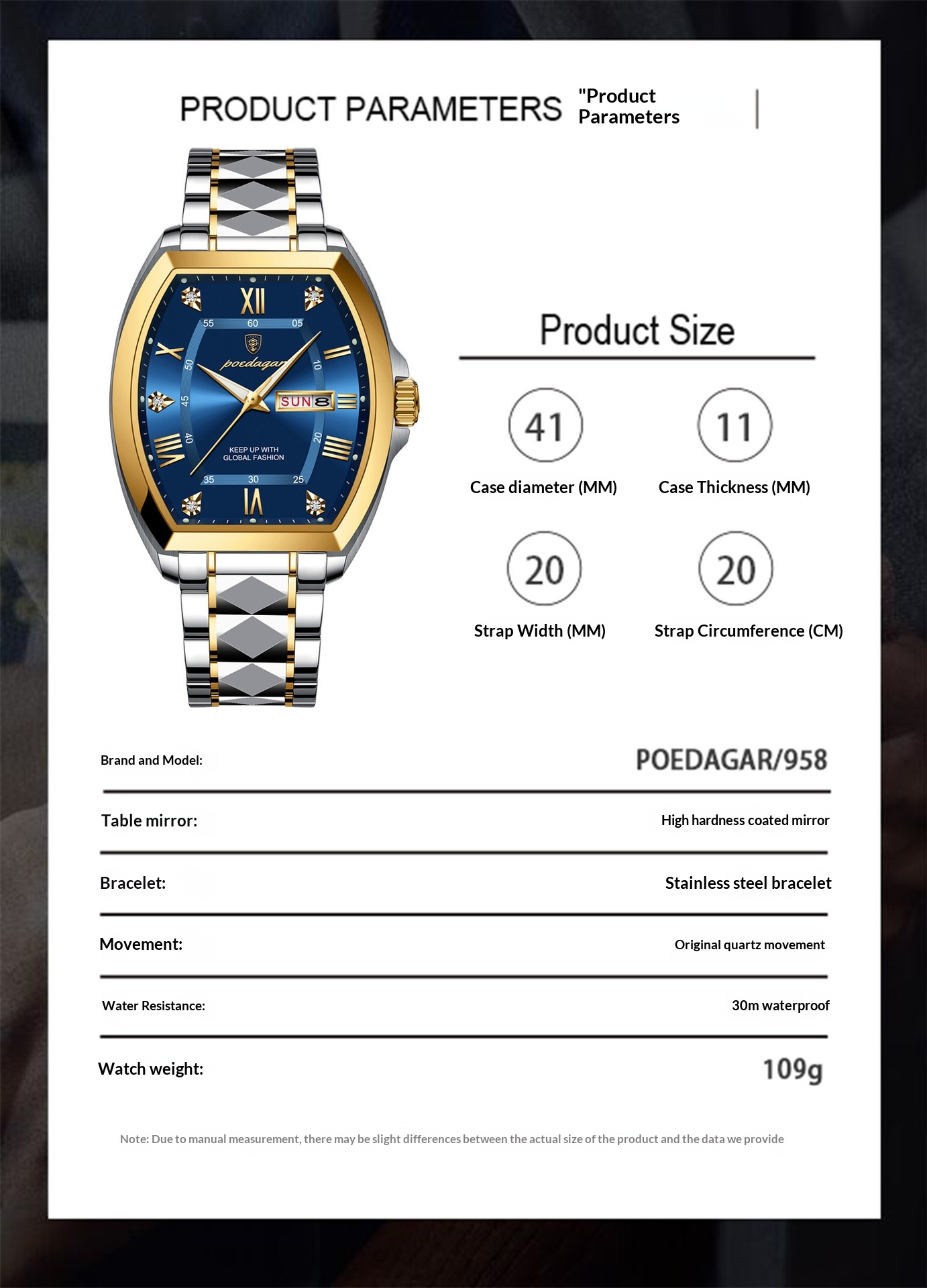 Poedagar 958 Luminous Barrel-shaped Quartz Watch for Men
