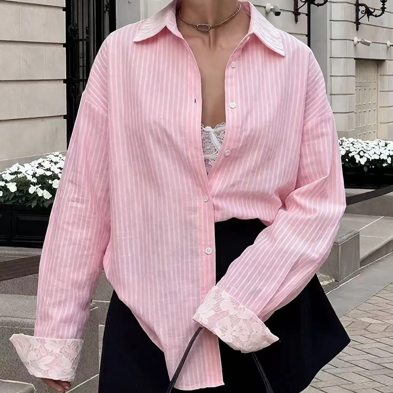Womens Hollow-out Embroidered Striped Long-sleeve Shirt