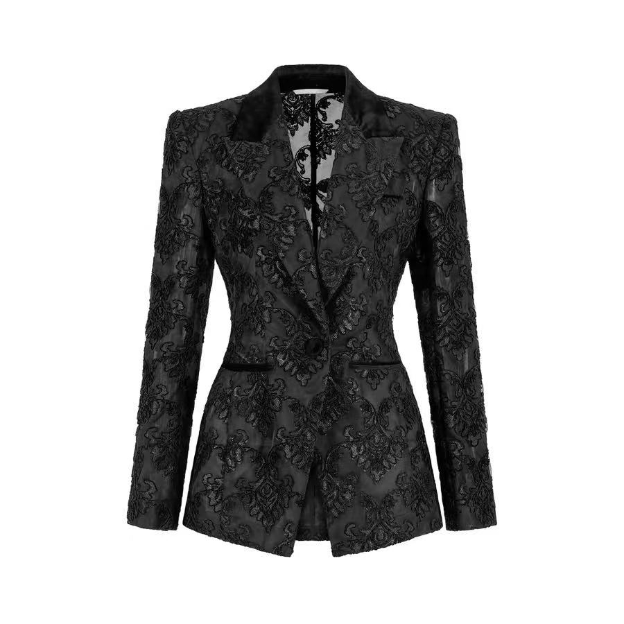 Color: Black, Size: XL-Top, Style:  - Three-dimensional Lace-embroidered High-end Suit Jacket And Pants Set