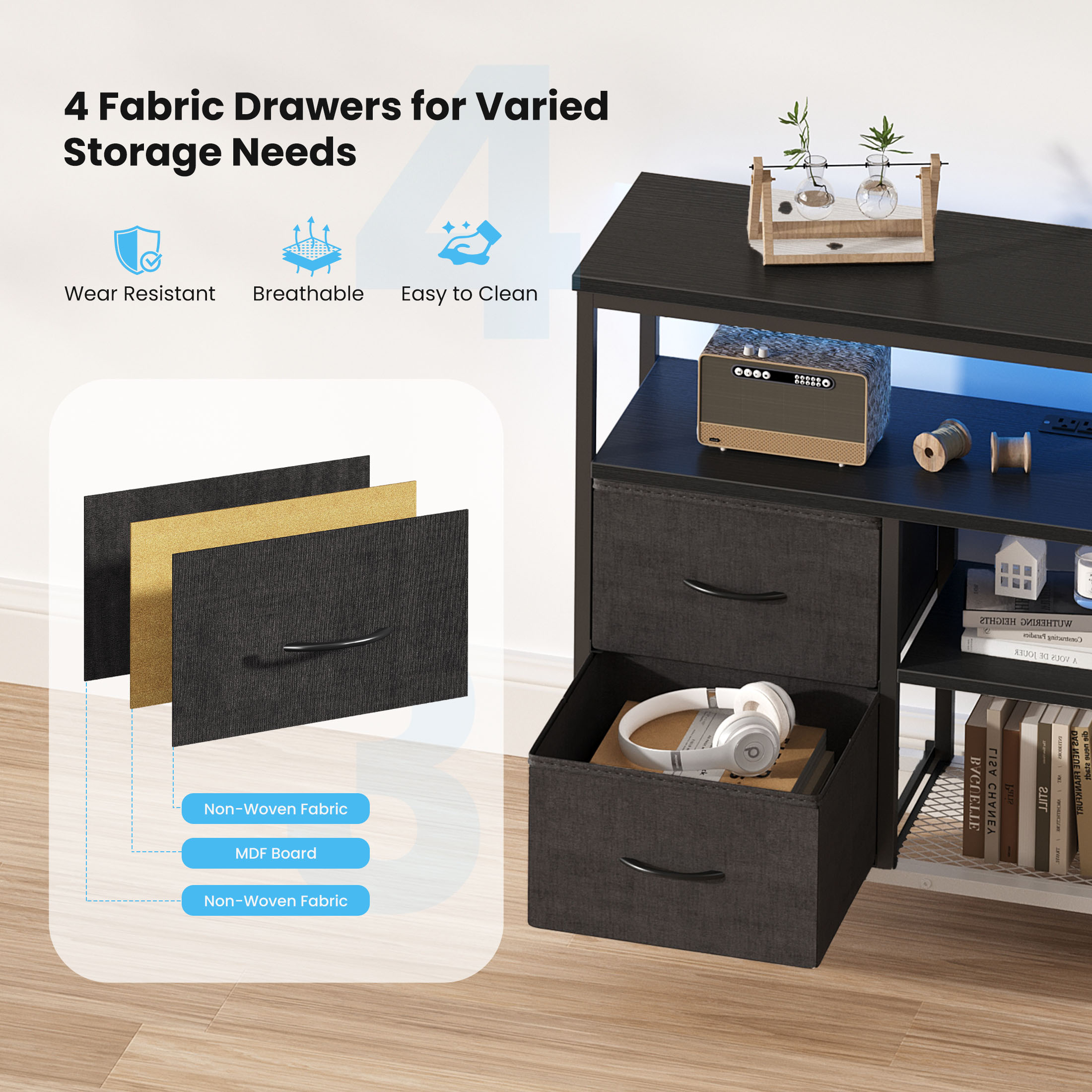 TV Stand, 4 Drawers, With LED Lights And Power Sockets, 50-inch TV Living Room Furniture, With Open Shelves And Adjustable Feet image 14