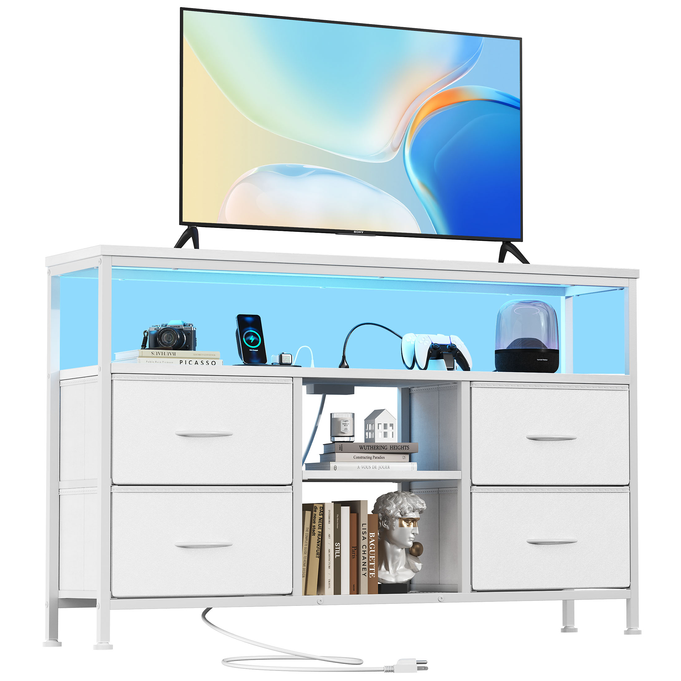TV Stand, 4 Drawers, With LED Lights And Power Sockets, 50-inch TV Living Room Furniture, With Open Shelves And Adjustable Feet image 2