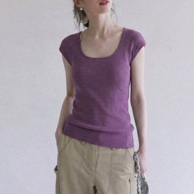 U-neck Knit Sweater With A Slim-fit Top Underneath
