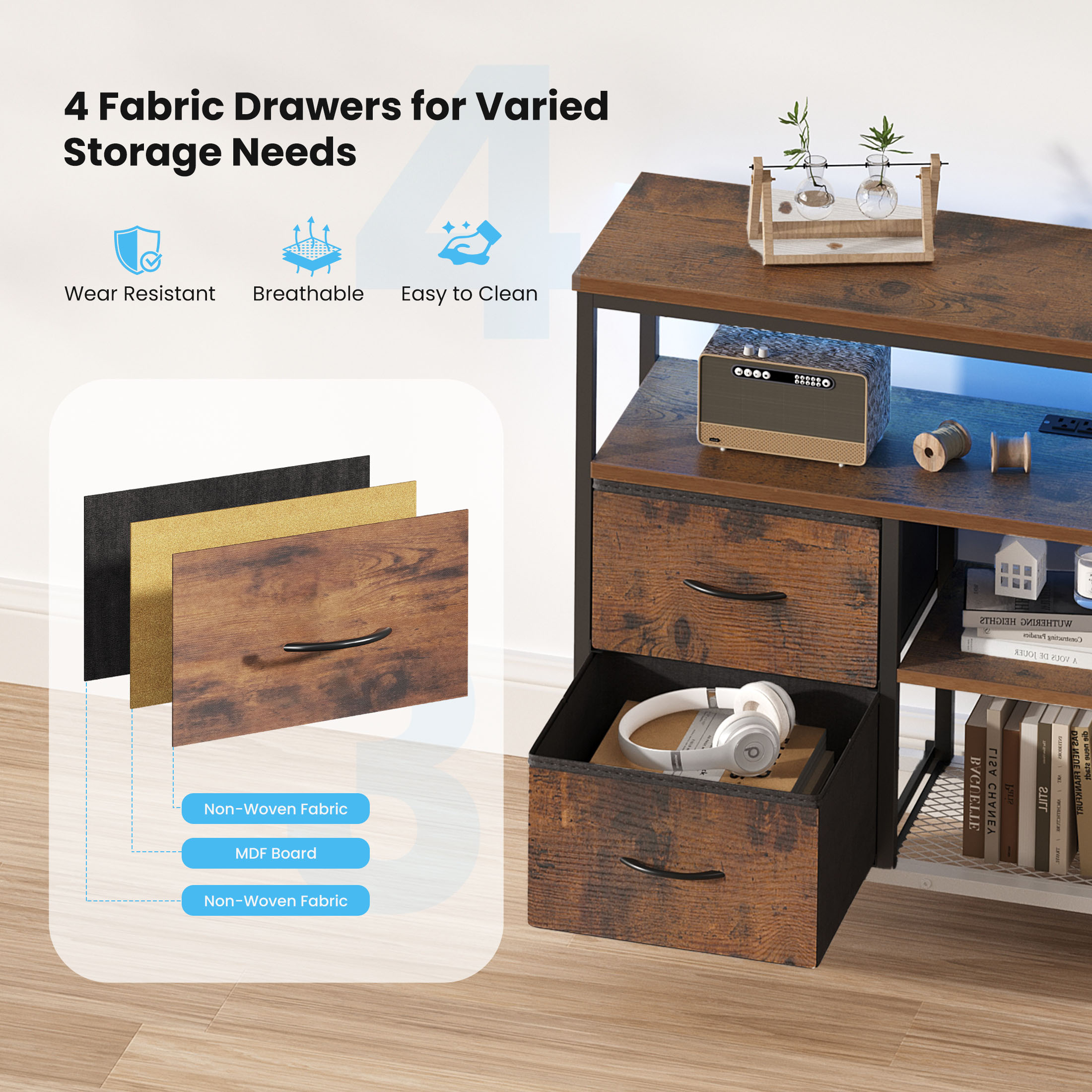 TV Stand, 4 Drawers, With LED Lights And Power Sockets, 50-inch TV Living Room Furniture, With Open Shelves And Adjustable Feet image 6