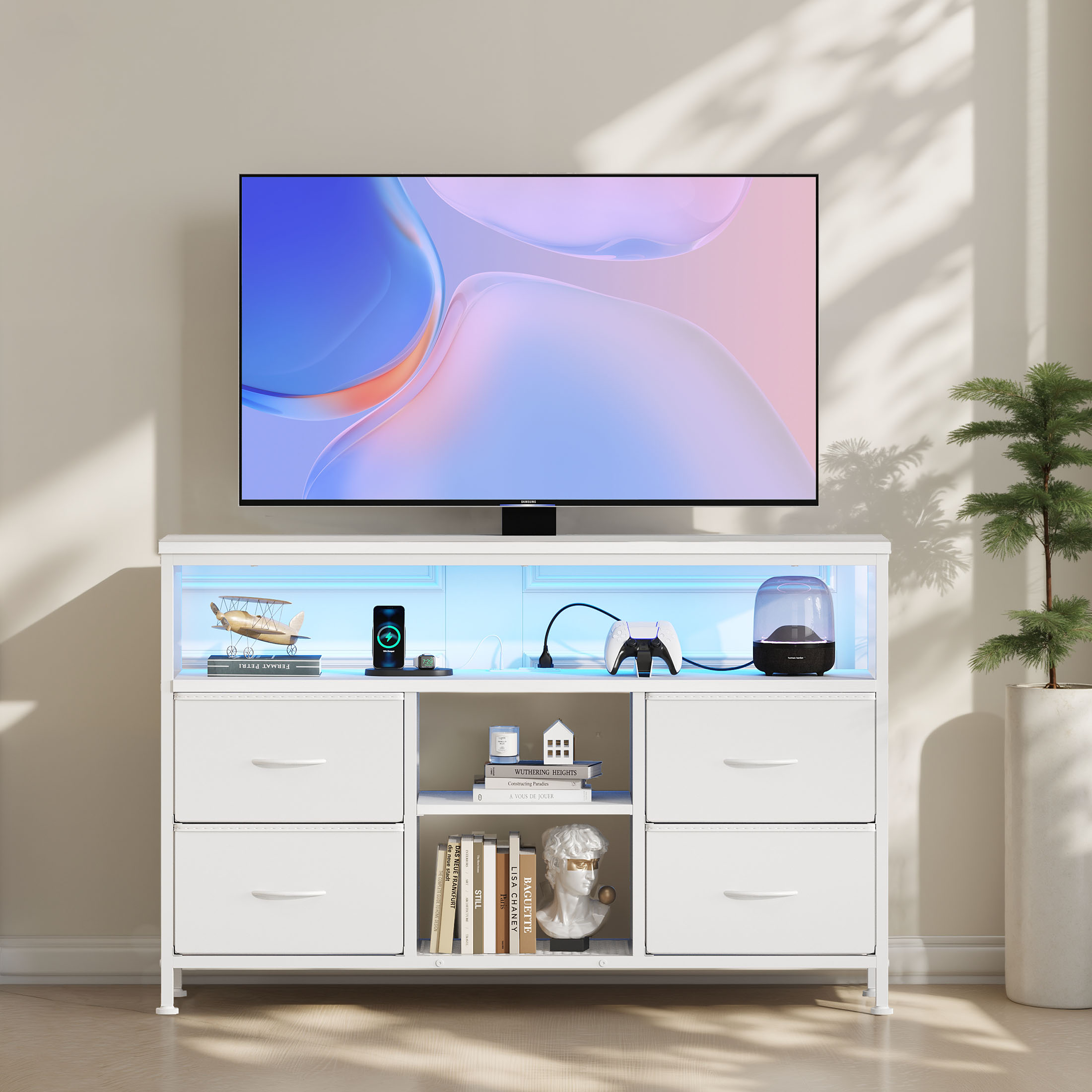 TV Stand, 4 Drawers, With LED Lights And Power Sockets, 50-inch TV Living Room Furniture, With Open Shelves And Adjustable Feet image 7
