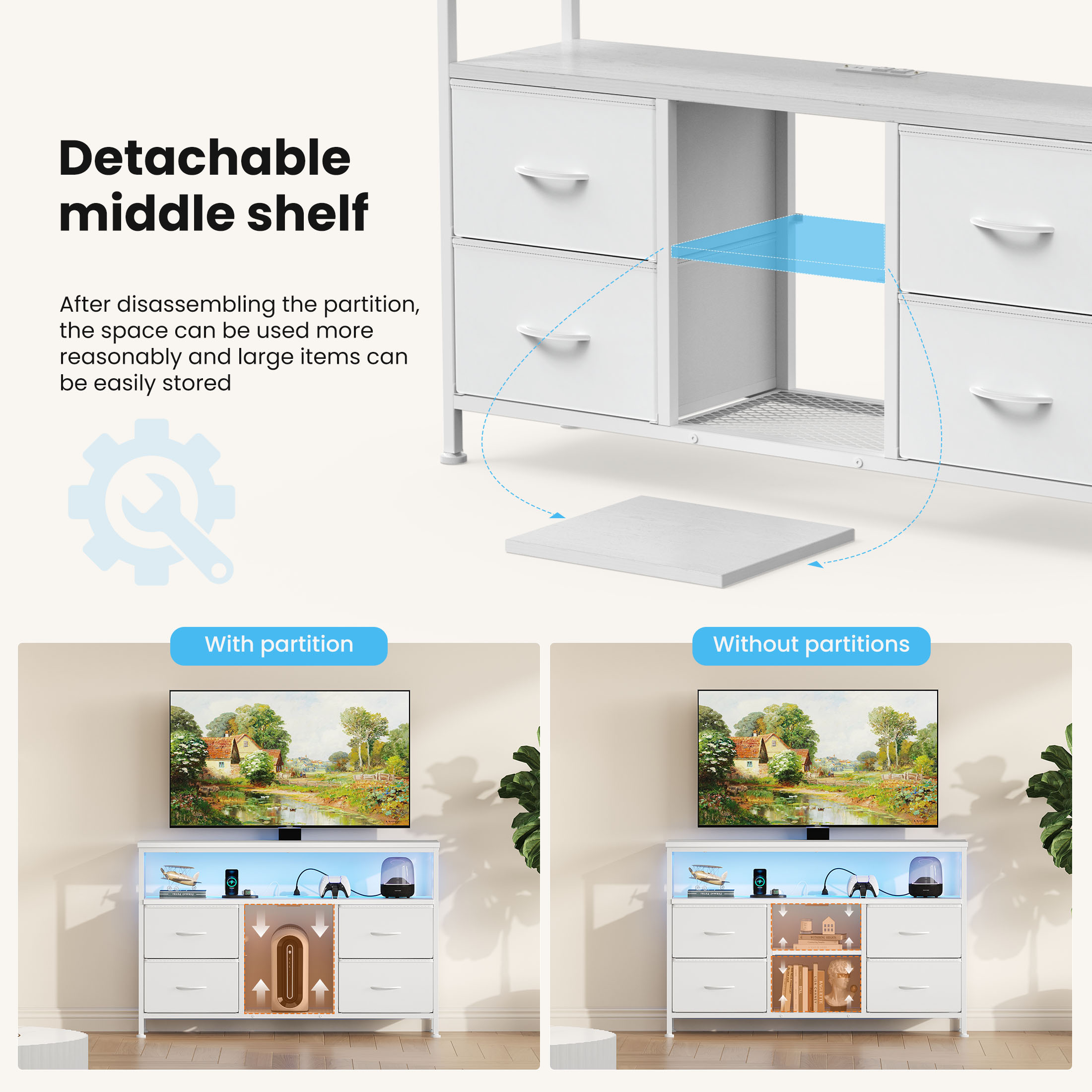 TV Stand, 4 Drawers, With LED Lights And Power Sockets, 50-inch TV Living Room Furniture, With Open Shelves And Adjustable Feet image 15
