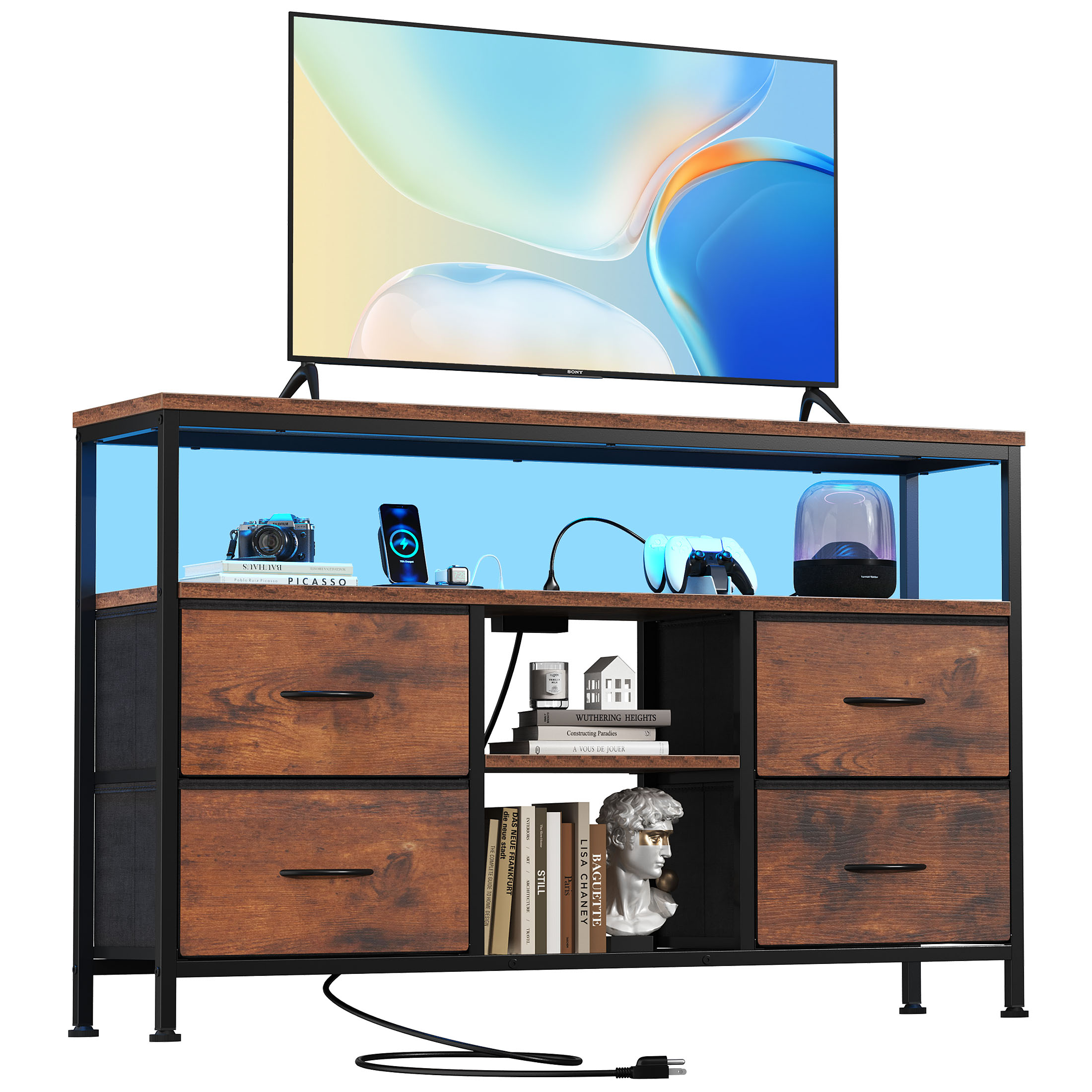TV Stand, 4 Drawers, With LED Lights And Power Sockets, 50-inch TV Living Room Furniture, With Open Shelves And Adjustable Feet image 3