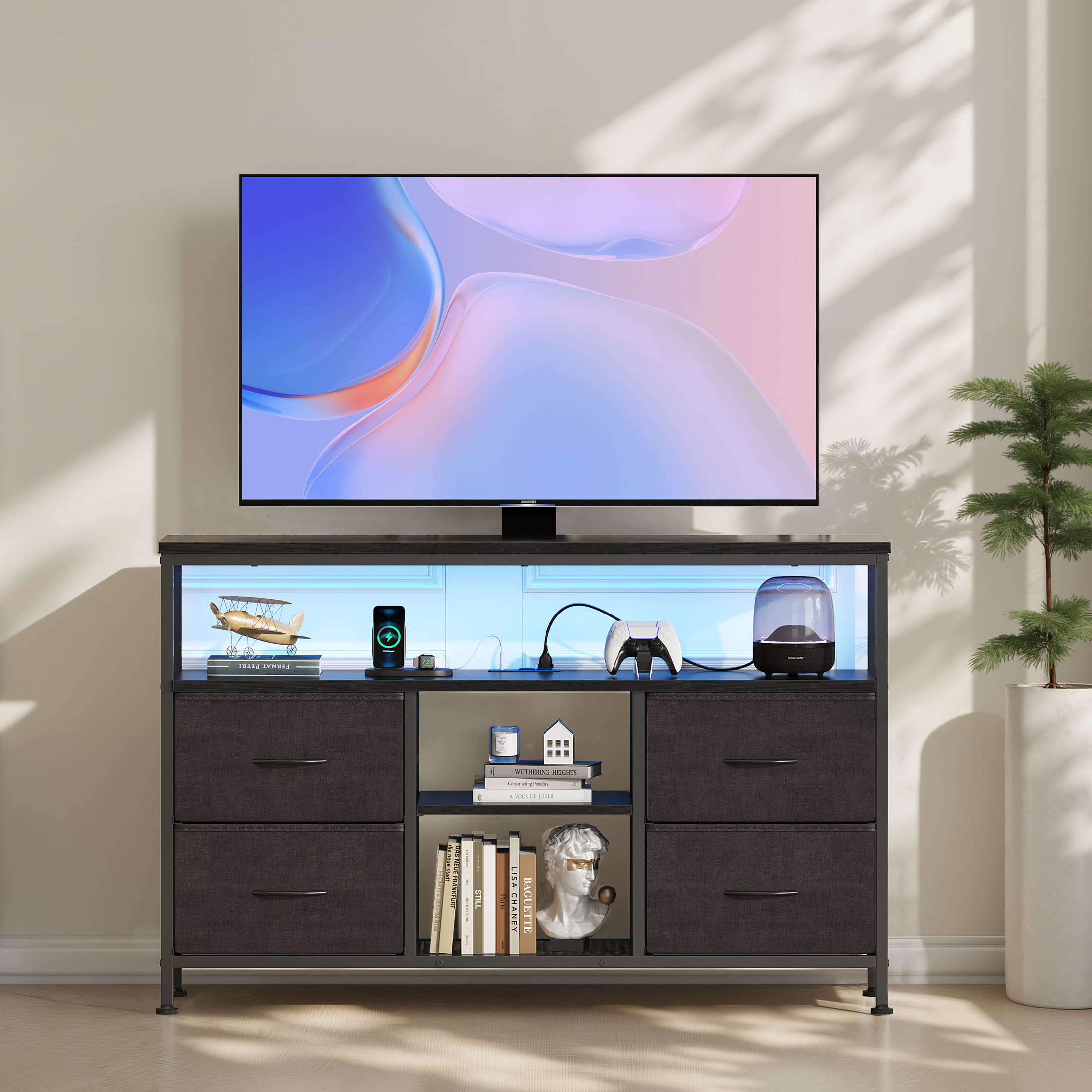 TV Stand, 4 Drawers, With LED Lights And Power Sockets, 50-inch TV Living Room Furniture, With Open Shelves And Adjustable Feet image 9