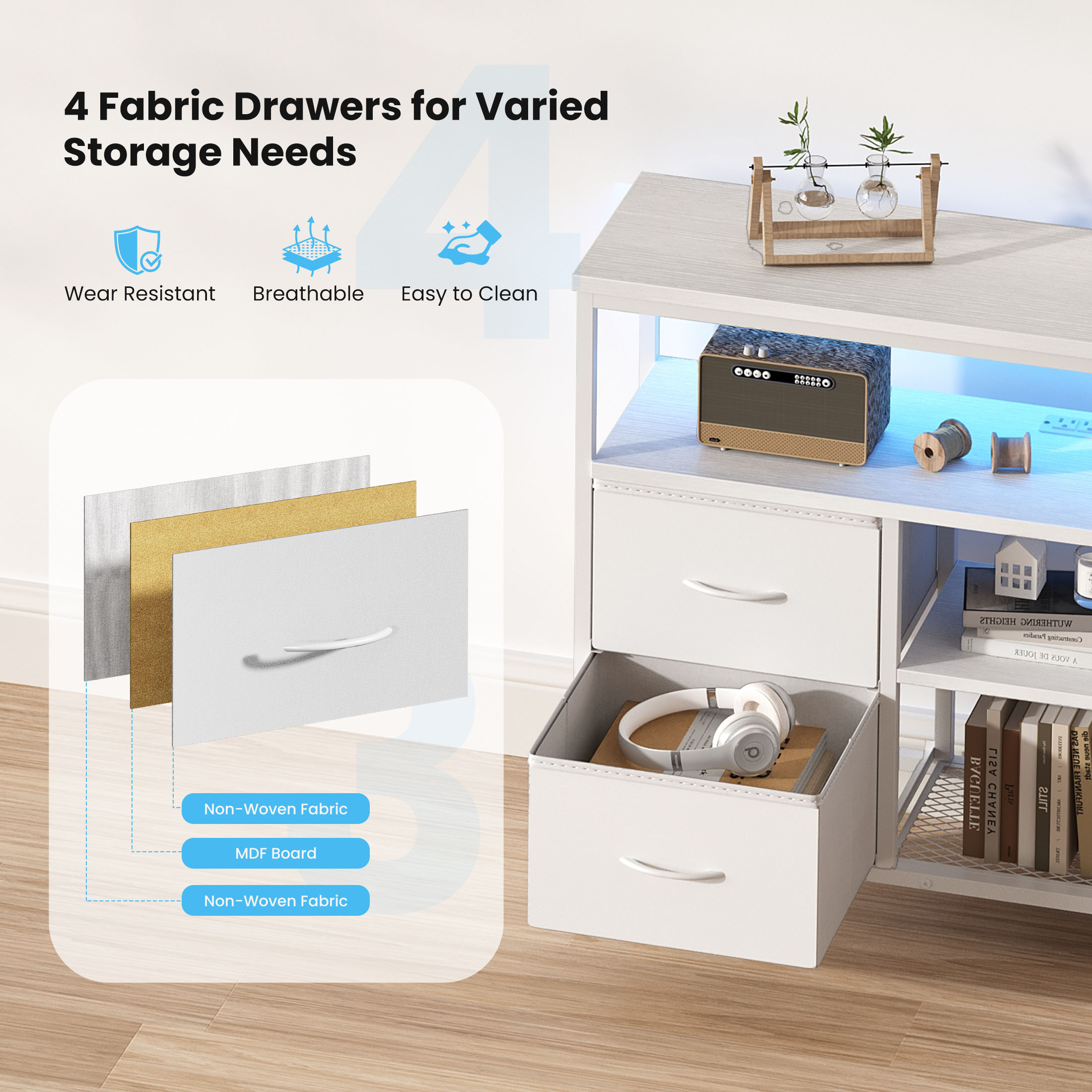 TV Stand, 4 Drawers, With LED Lights And Power Sockets, 50-inch TV Living Room Furniture, With Open Shelves And Adjustable Feet image 18