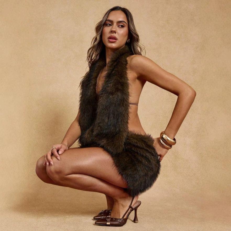 Backless Faux-fur Halter Vest For Women Sleeveless