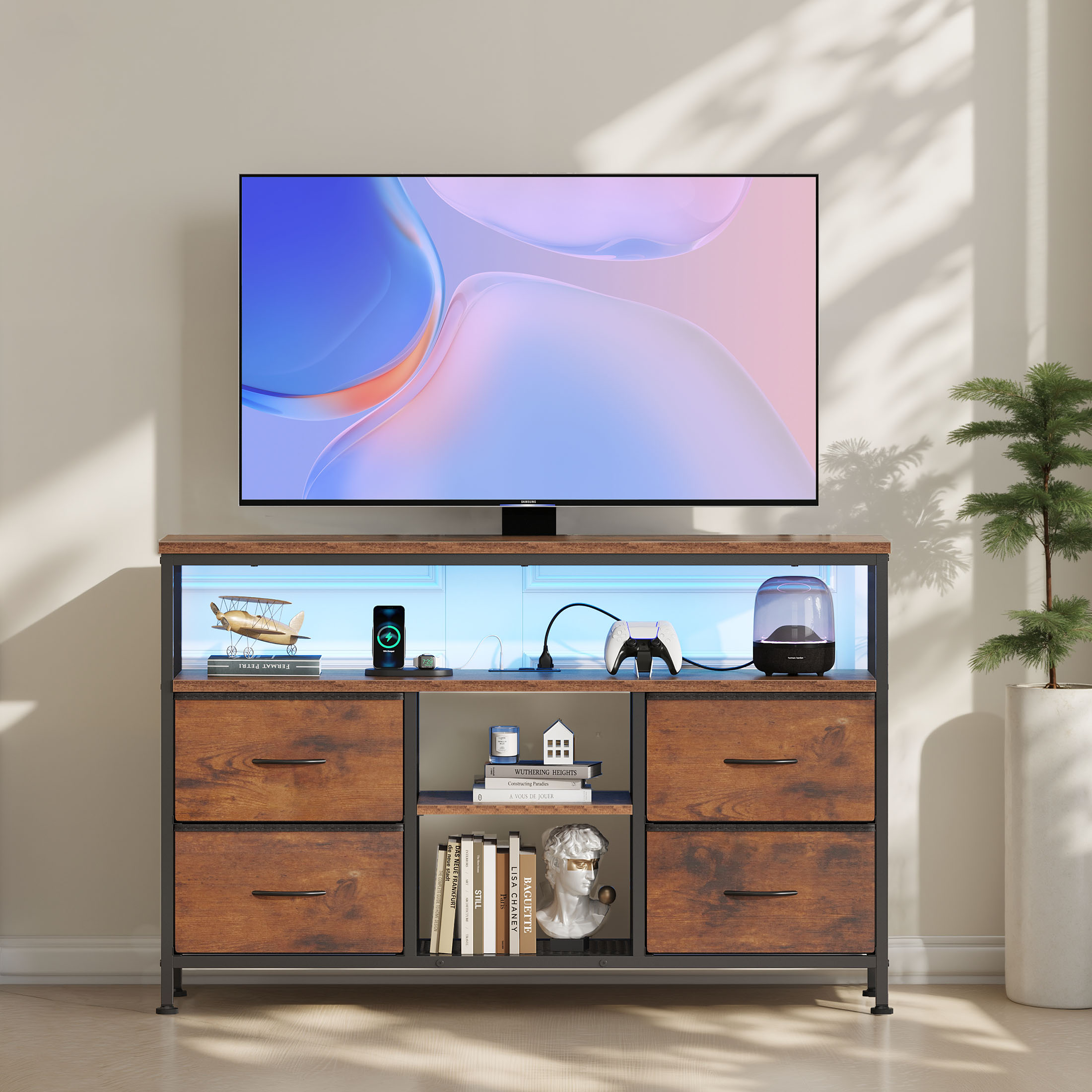 TV Stand, 4 Drawers, With LED Lights And Power Sockets, 50-inch TV Living Room Furniture, With Open Shelves And Adjustable Feet image 16