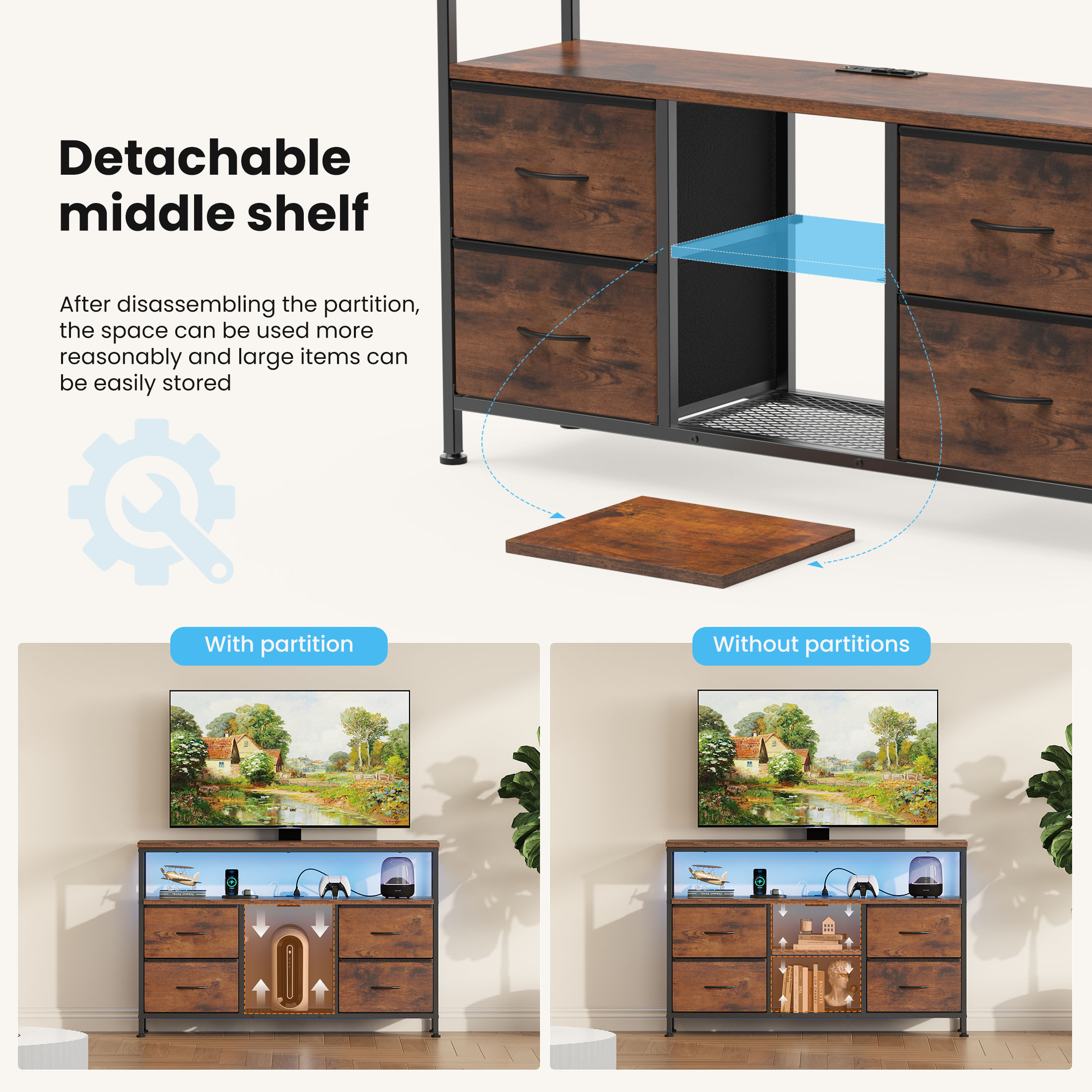 TV Stand, 4 Drawers, With LED Lights And Power Sockets, 50-inch TV Living Room Furniture, With Open Shelves And Adjustable Feet image 12