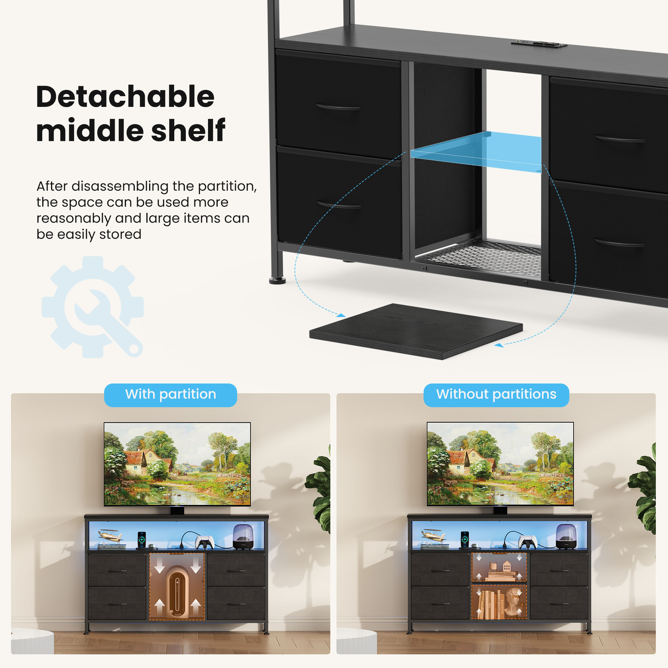 TV Stand, 4 Drawers, With LED Lights And Power Sockets, 50-inch TV Living Room Furniture, With Open Shelves And Adjustable Feet image 8